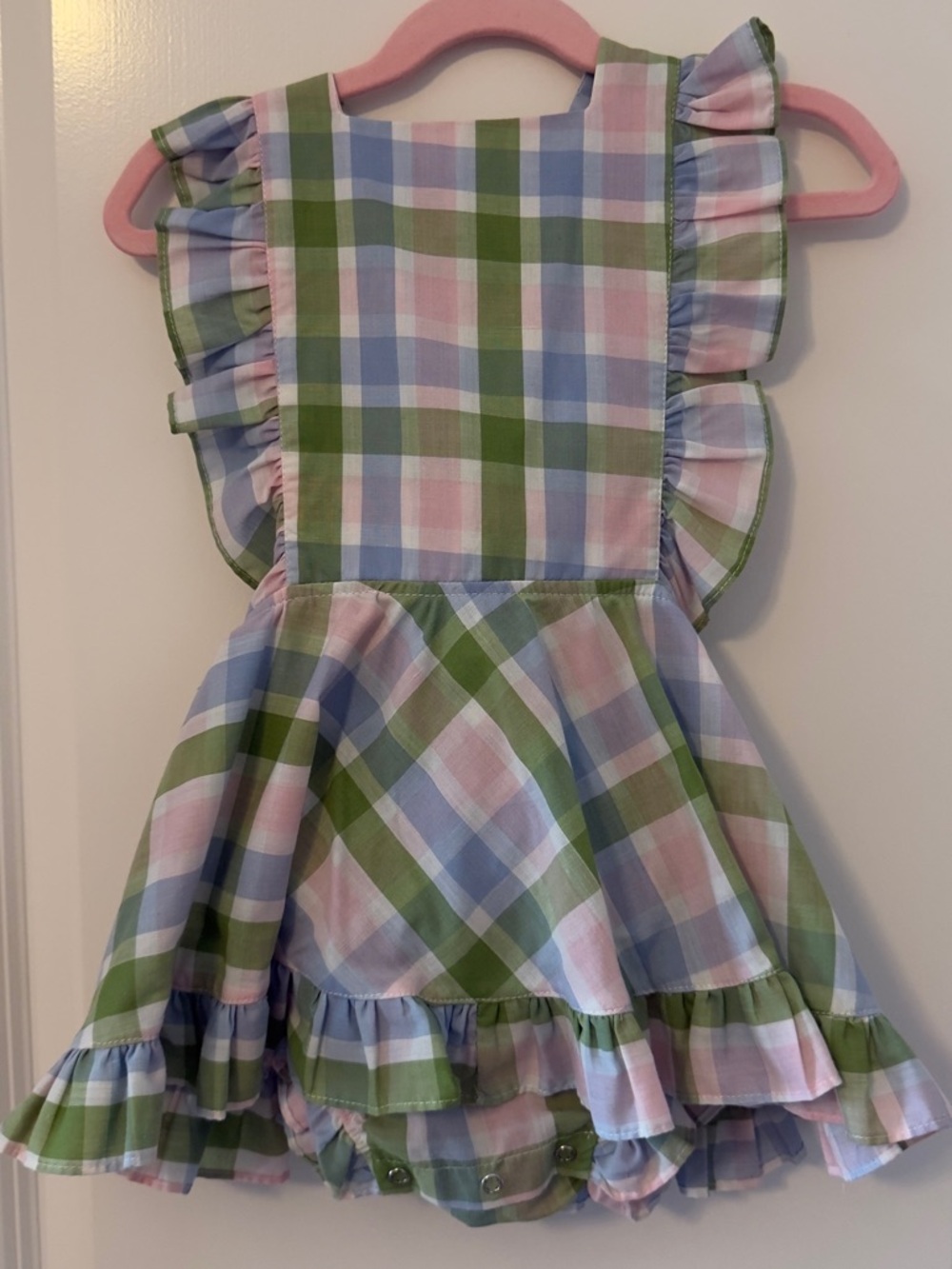 3T Numi Plaid Ruffle Pinafore in Pastel Pink Blue and Green